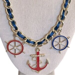 Enameled Gold Nautical Charm Necklace Red Blue with Rhinestone Accents